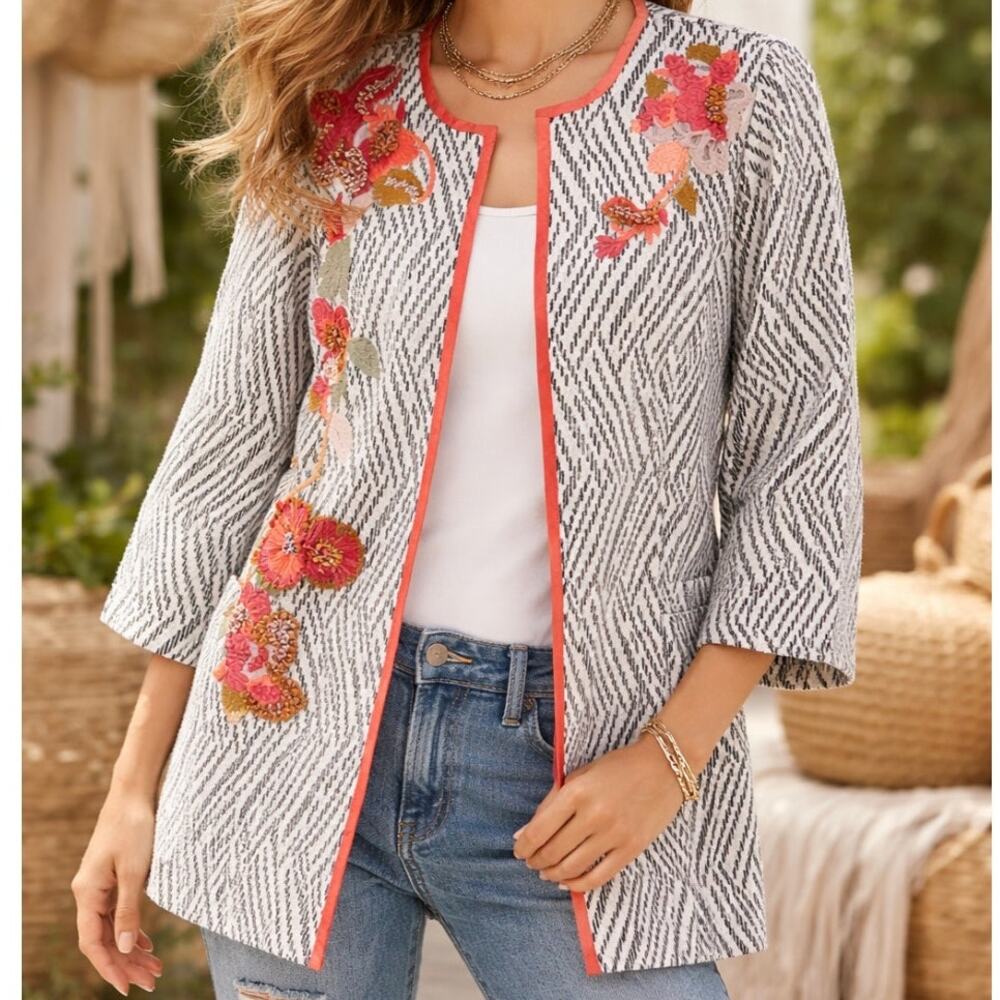 Artisan Appliqué Open Front Jacket Size M Art To Wear Indie Boho Chico's Style - Picture 1 of 10
